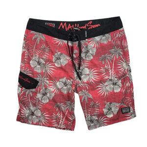 SH424 Mens Maui and Sons Aloha Floral Hibiscus Print Beach Flex Board Shorts 38